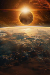 Surreal Cosmic Vista with Majestic Planet Rising Above Cloudscape Horizon, Solar Eclipse 2024, April 8 - 772449260
