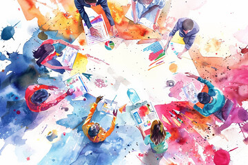Vibrant Watercolor Illustration Depicting Busy Team Collaborating on Project