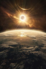 Stunning Cosmic Event Over Earth, Rays Illuminating the Atmosphere, Solar Eclipse 2024, April 8