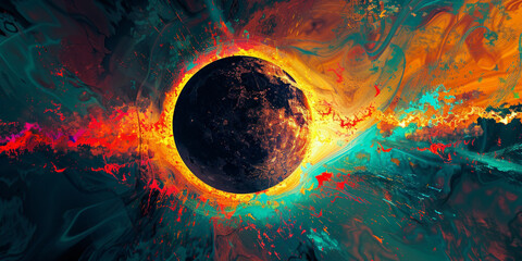 Surreal Cosmic Event Depicting an Eclipse amidst Vividly Colored Galactic Clouds, Solar Eclipse 2024, April 8 - 772449270