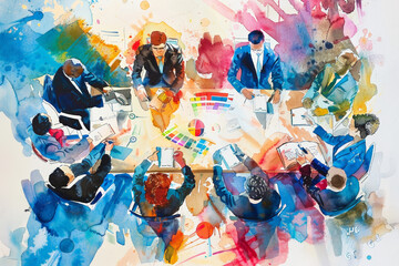 Dynamic Watercolor Scene of Corporate Team Brainstorming Ideas Around Table