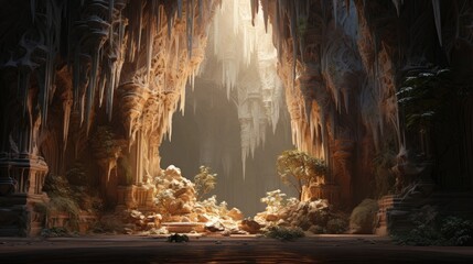 Majestic Illuminated Cave Entrance Adorned with Glistening Stalactites and Stalagmites Bathed in Soft Warm Light Evoking a Mystical and Inviting - obrazy, fototapety, plakaty