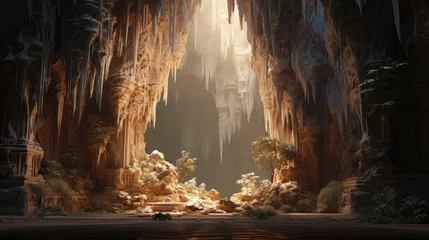 Photo sur Plexiglas Chocolat brun Majestic Illuminated Cave Entrance Adorned with Glistening Stalactites and Stalagmites Bathed in Soft Warm Light Evoking a Mystical and Inviting
