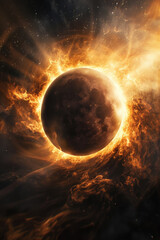 Fiery Cosmic Phenomenon Engulfs Dark Planet Amidst Starry Space, Solar Eclipse 2024, April 8 - 772449299