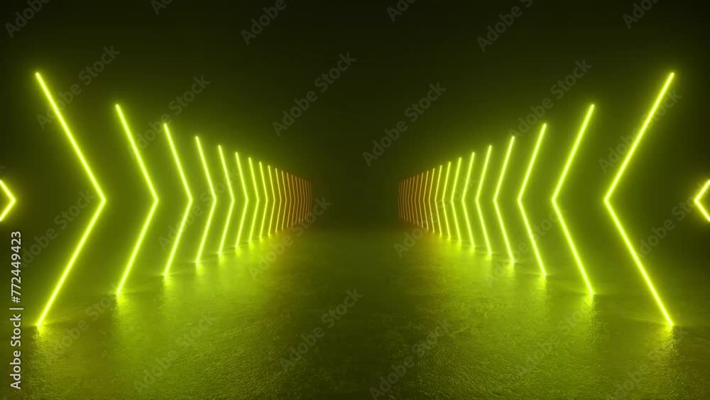 Poster a 3d animation loop of a futuristic sci-fi tunnel with neon tube lights casting a yellow glow on the