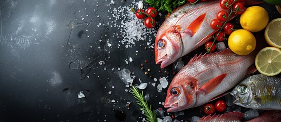 fresh fish banner A virtual ad theme with a fish and side dish meme. - obrazy, fototapety, plakaty