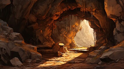 Dramatic Cave Entrance Backlit by Golden Sunset Casting Intricate Shadows Across Rugged Terrain in Watercolor Painting Style - obrazy, fototapety, plakaty