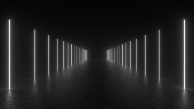 A black and white photo displaying a tunnel with futuristic neon tube lights glowing in the concrete floor.
