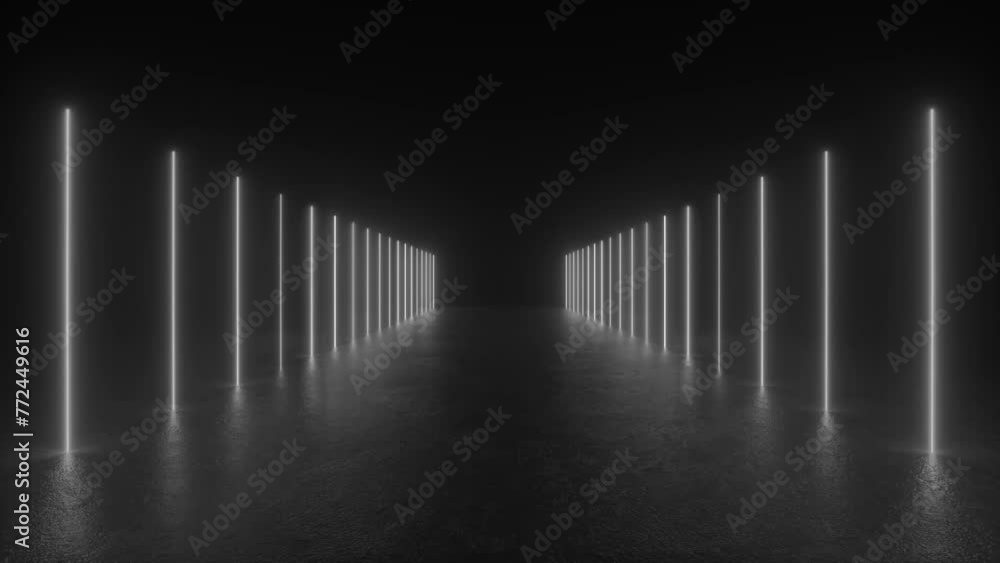 Poster explore a black and white photo of a tunnel illuminated by futuristic neon tube lights, creating a m