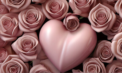 Corazon rosa con flores estilo 3d - pink heart with pink roses 3d style - obrazy, fototapety, plakaty