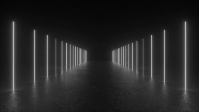 Explore a black and white photo of a tunnel illuminated by futuristic neon tube lights, creating a mesmerizing glow on the concrete floor. 4K 3D Animation Loop Futuristic Sci Fi Lines