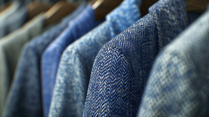 Women's jackets close-up in blue, hanging on a hanger