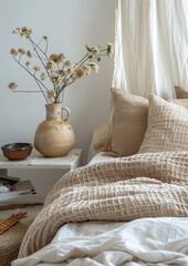 Close up bed with beige bedding sheets. Scandinavian interior design of modern bedroom. Modern contemporary interior design.