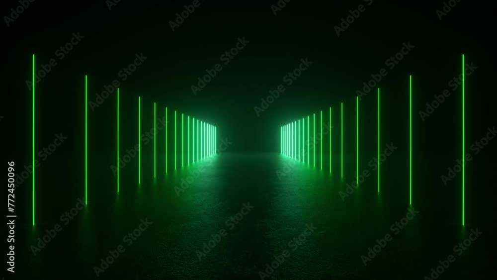 Poster a looped 3d animation features a tunnel of glowing green neon lights in a dark room. 4k 3d animation