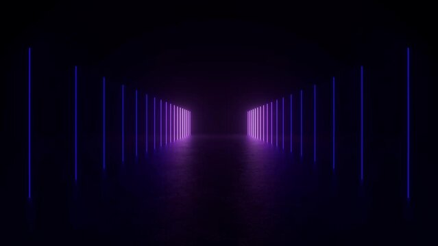 Explore a futuristic tunnel illuminated by purple neon lights, creating an eerie and mysterious atmosphere.