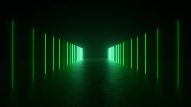 A looped 3D animation features a tunnel of glowing green neon lights in a dark room. 4K 3D Animation Loop Futuristic Sci Fi Lines