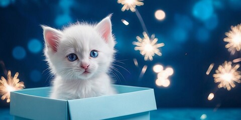 Cute white kitten with blue eyes in a gift box with fireworks.