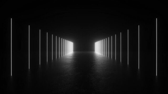 Explore a dark tunnel lined with futuristic neon tube lights glowing in the concrete floor, leading towards a bright light at the end. 4K 3D Animation Loop Futuristic Sci Fi Lines