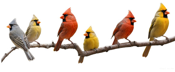 Vibrant birds, including cardinals and a tufted titmouse, perched sequentially on a tree branch isolated on a white background, png. - obrazy, fototapety, plakaty