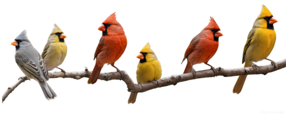 Vibrant birds, including cardinals and a tufted titmouse, perched sequentially on a tree branch isolated on a white background, png.
