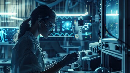 A woman works in a medical mask factory and maintains a control system.