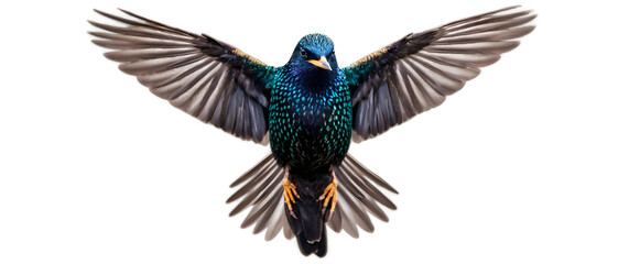 Starling bird spreads its wings mid-flight, captured against a pure white background, png.