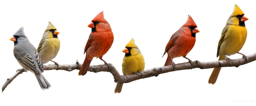 Vibrant birds, including cardinals and a tufted titmouse, perched sequentially on a tree branch isolated on a white background, png.