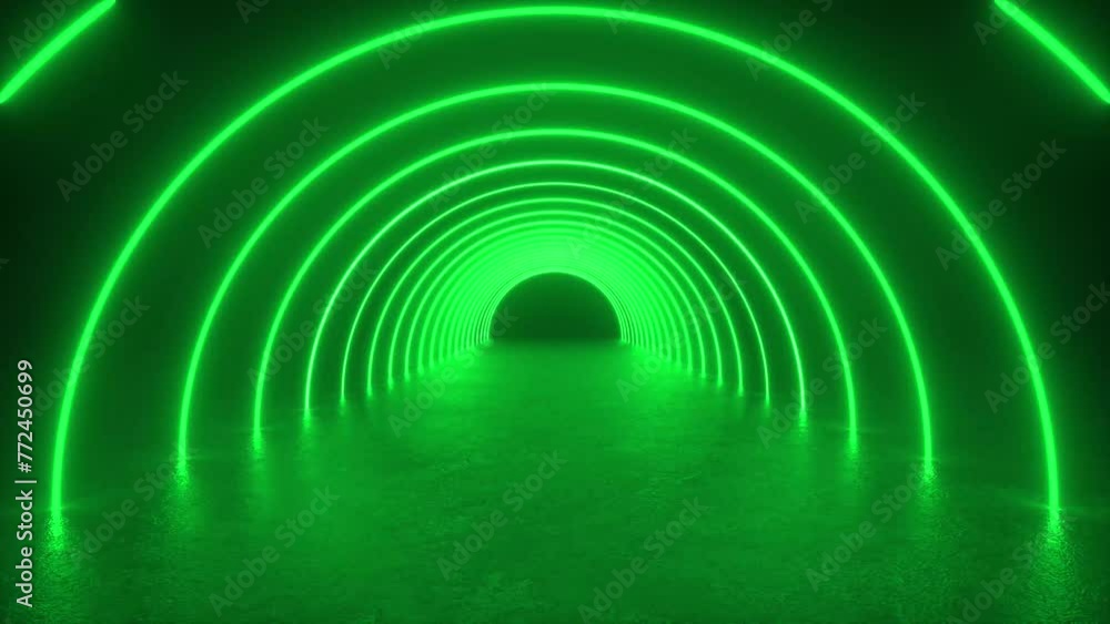 Poster watch a futuristic tunnel filled with green neon lights glowing in the concrete floor, creating a me