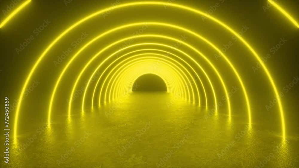 Poster experience a futuristic tunnel illuminated by vibrant neon yellow lights reflecting off the concrete