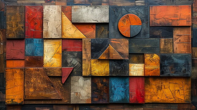 Geometric Square Collage Painting artwork ,  abstract cubism artwork in cut cardboard