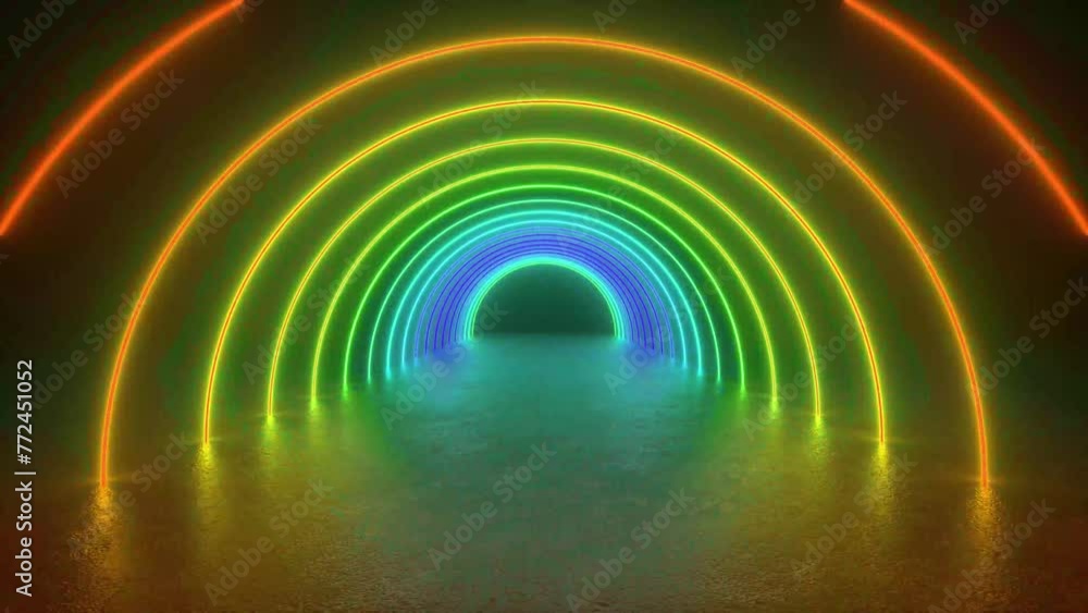 Poster explore a futuristic tunnel with vibrant neon lights illuminating the concrete floor in this mesmeri