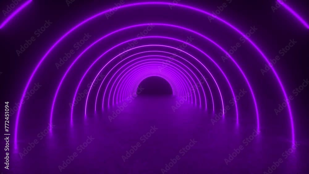 Poster explore a tunnel illuminated by purple neon lights embedded in the concrete floor, creating a futuri