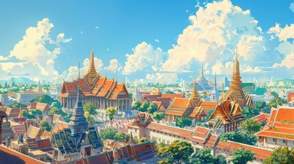 Ornate Thai Temples in Vibrant Naive Art Style with Soaring Peaks and Peaceful Skies