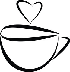 Coffee cup with a heart shaped steam vector illustration, smooth black lines - 772451071