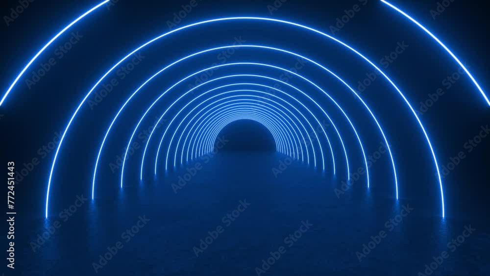 Poster explore a tunnel with futuristic blue neon lights glowing in the middle of it. 4k 3d animation loop 