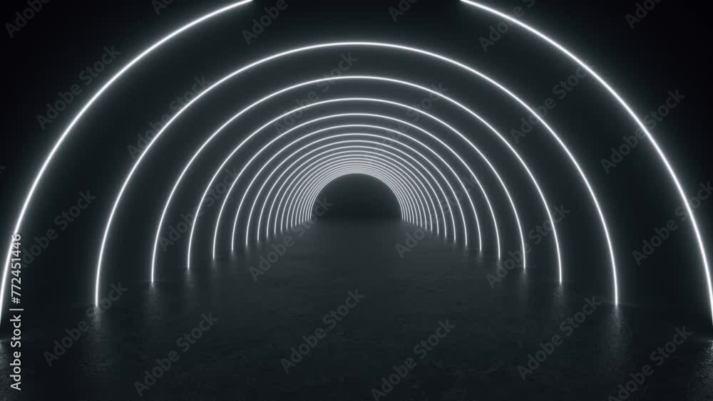 Poster a futuristic, 3d animated loop displaying neon tube lights illuminating a dark tunnel with a light a