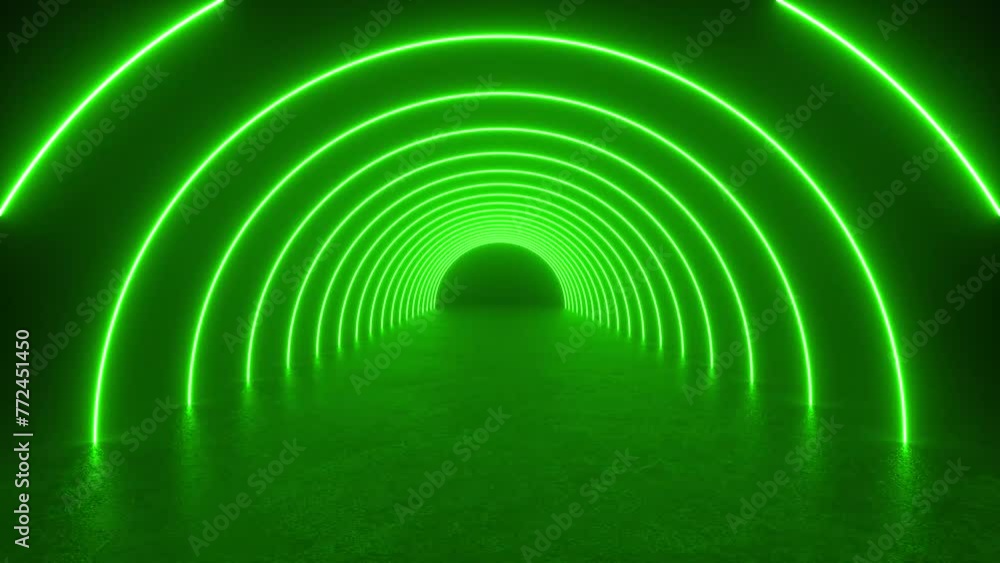 Poster a 3d animation loop of a futuristic sci-fi tunnel with green neon tube lights glowing in the concret