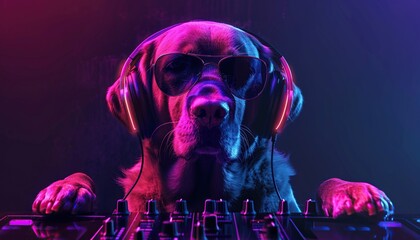 dj dog with sunglasses and headphones playing music, neon concert