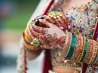 Elegant bride hand adorned with ornate multi colored jewelry and Henna tattoo on the hand of a young bride in a wedding dress.