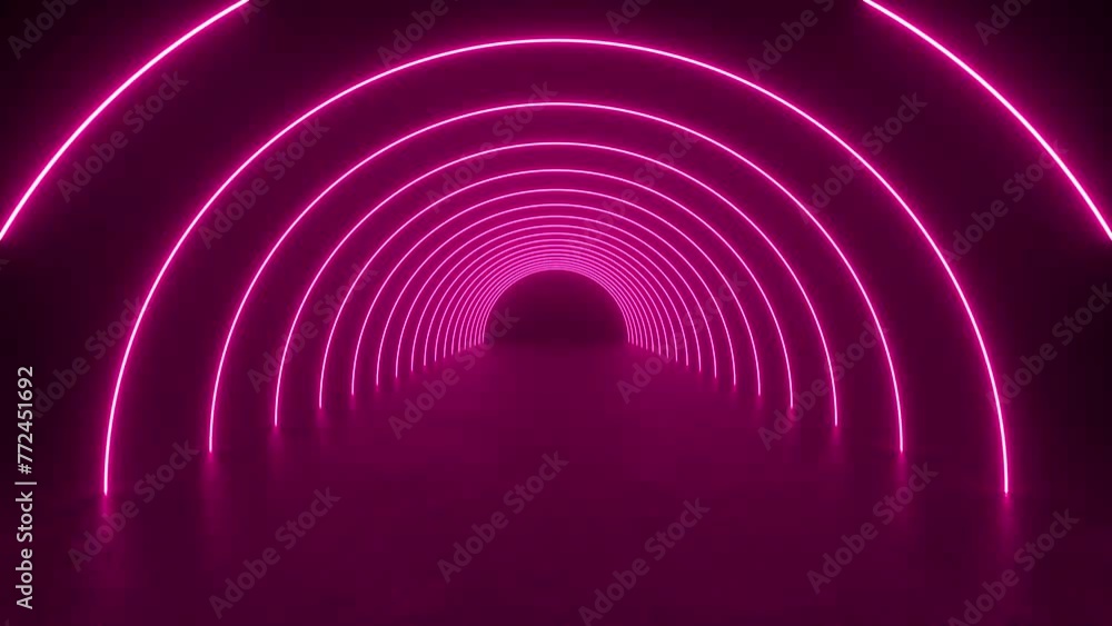 Poster explore a tunnel illuminated by vibrant pink neon lights, creating a futuristic atmosphere in a conc