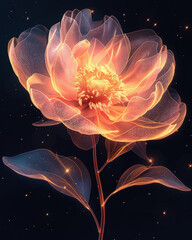 Golden glowing flower with transparent petals. Beautiful magical flower on a dark background with shimmering star dust particles.  Generative AI