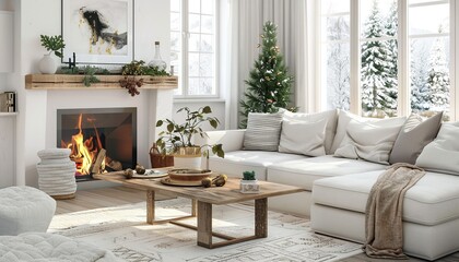 Fireplace against white sofa and rustic wooden coffee table. Scandinavian style home interior design of modern living room. Christmas living room interior with fireplace and comfortable sofa. 