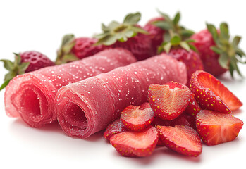 Strawberry pastille, rolled into roll.  Delicious healthy fruit dessert with juicy strawberry fruit on a white background. Berry and fruit pastille. Generative AI