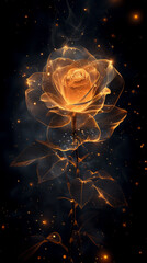 Golden glowing rose flower with transparent petals. Beautiful magical flower on a dark background...
