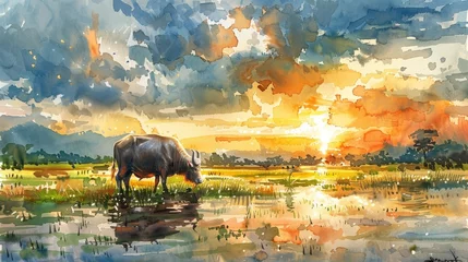 Foto op Canvas Tranquil Watercolor of a Water Buffalo Grazing in a Paddy Field at Vibrant Sunset © Sittichok