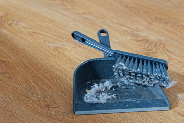 A dustpan and a brush for sweeping the floor lie on a wooden floor, there is a lot of dirt and dust on the brush, cleaning the room. - obrazy, fototapety, plakaty