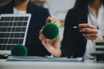 Carbon offset price report CO2 emission. Future growth Net zero waste in ESG ethical SME office protect climate change global warming social issues project. Group of asia people Eco friendly SDGs plan