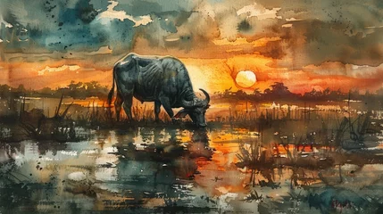 Foto op Canvas Serene Water Buffalo Grazing in Vibrant Paddy Field at Sunset © Sittichok