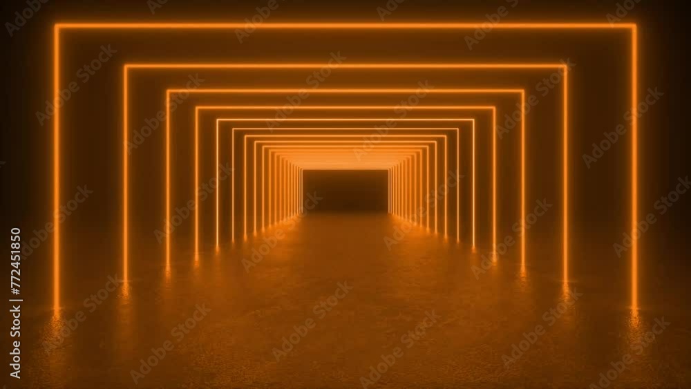 Poster explore a long tunnel illuminated by neon tube lights, creating a futuristic sci-fi atmosphere. 4k 3