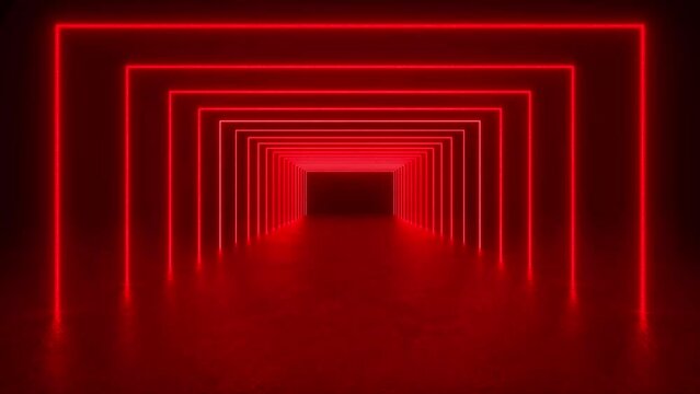 A dark room with a tunnel of red neon tube lights glowing in the concrete floor creates a mesmerizing and immersive experience. 4K 3D Animation Loop Futuristic Sci Fi Lines